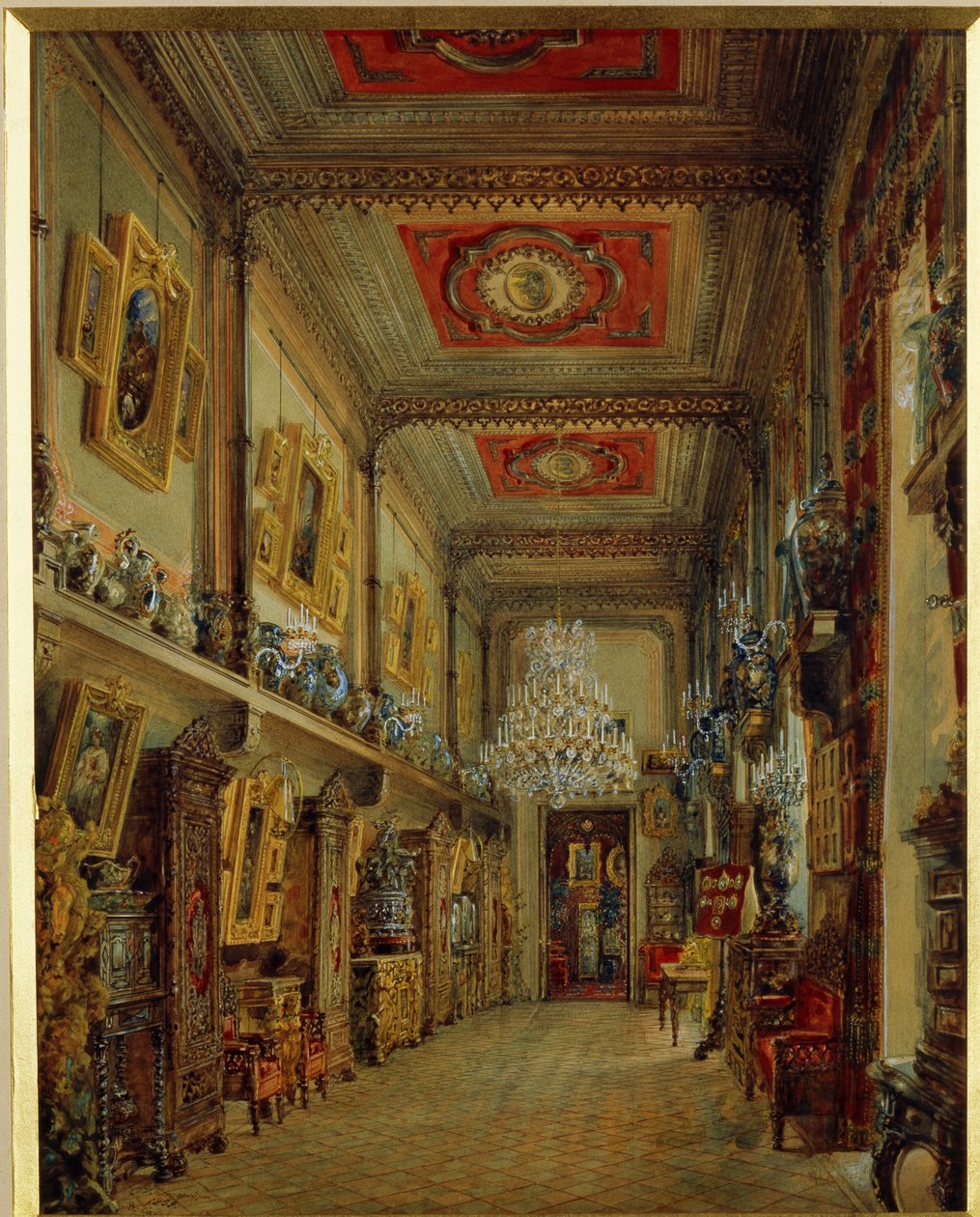 Knihovna Jusupovského paláce (palác Moika) v Petrohradě. (Knihovna v Jusupovově paláci v Petrohradě). Dílo Vasilije Semjonoviče Sadovnikova (1800-1879), akvarel na papíře od Vasili Semenovich Sadovnikov