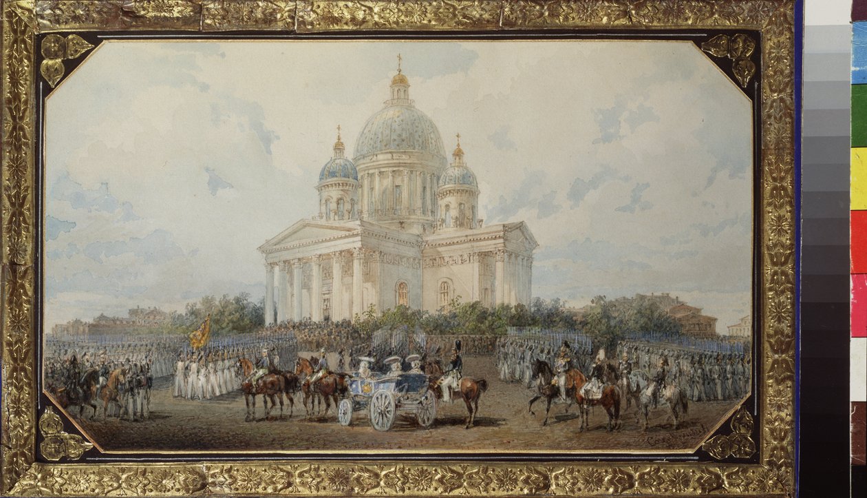 Průvod před katedrálou svatého Izáka v Petrohradě. Dílo Vasilije Semjonoviče Sadovnikova (1800-1879), akvarel na papíře od Vasili Semenovich Sadovnikov