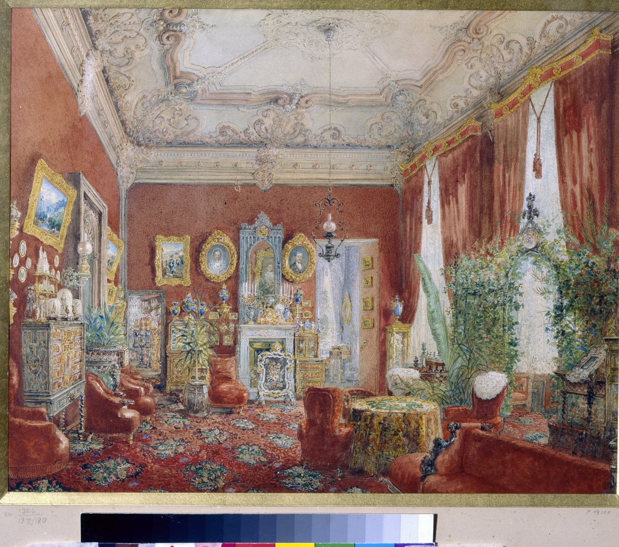 Rodinný obývací pokoj Jusupovského paláce (palác Moika) v Petrohradě. (Rodinný obývací pokoj v Jusupovově paláci v Petrohradě). Dílo Vasilije Semjonoviče Sadovnikova (1800-1879), akvarel na papíře. ruské umění od Vasili Semenovich Sadovnikov