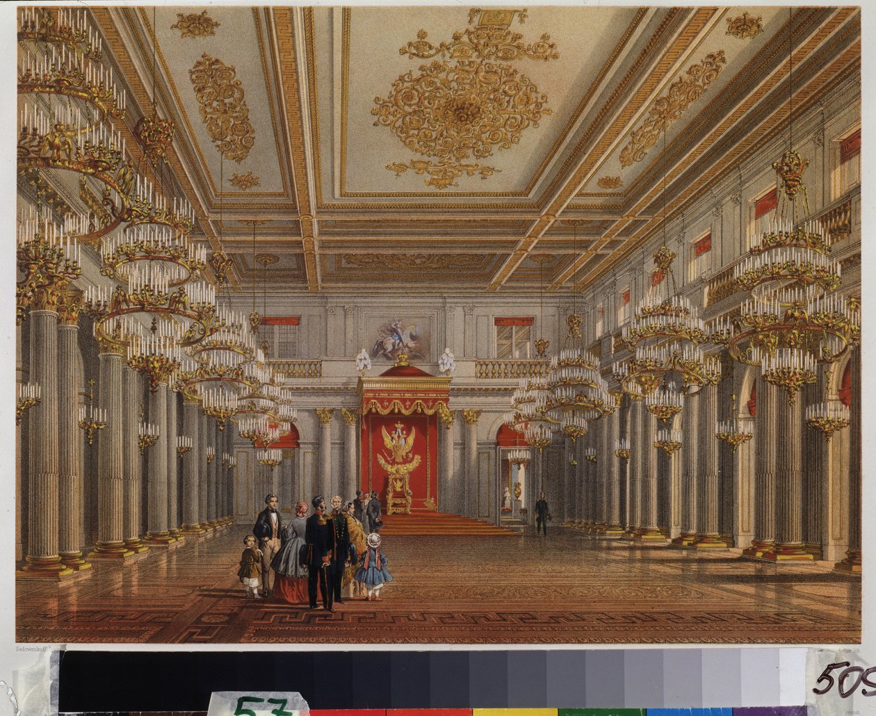 Trůnní sál (síň svatého Jiří) Zimního paláce v Petrohradu. Dílo Vasilije Semjonoviče Sadovnikova (1800-1879), akvarel na papíře. Ruské umění 19. století. A. Pushkin Memorial Museum, Petrohrad. od Vasili Semenovich Sadovnikov