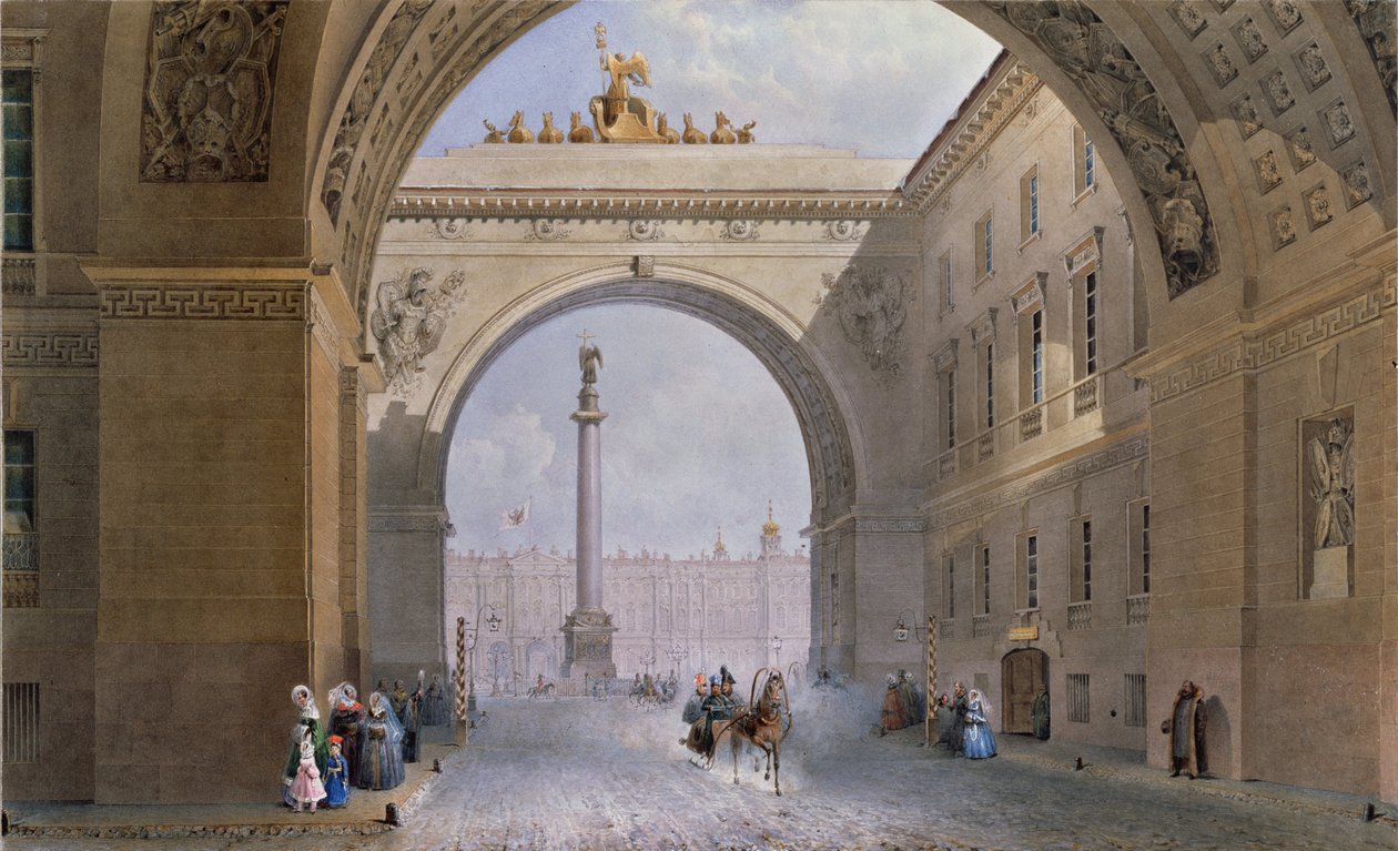 Oblouk budovy generálního štábu v Petrohradu. Dílo Vasilije Semjonoviče Sadovnikova (1800-1879), akvarel na papíře, kolem roku 1830. Ruské umění 19. století. Státní Ermitáž, Petrohrad. od Vasili Semenovich Sadovnikov