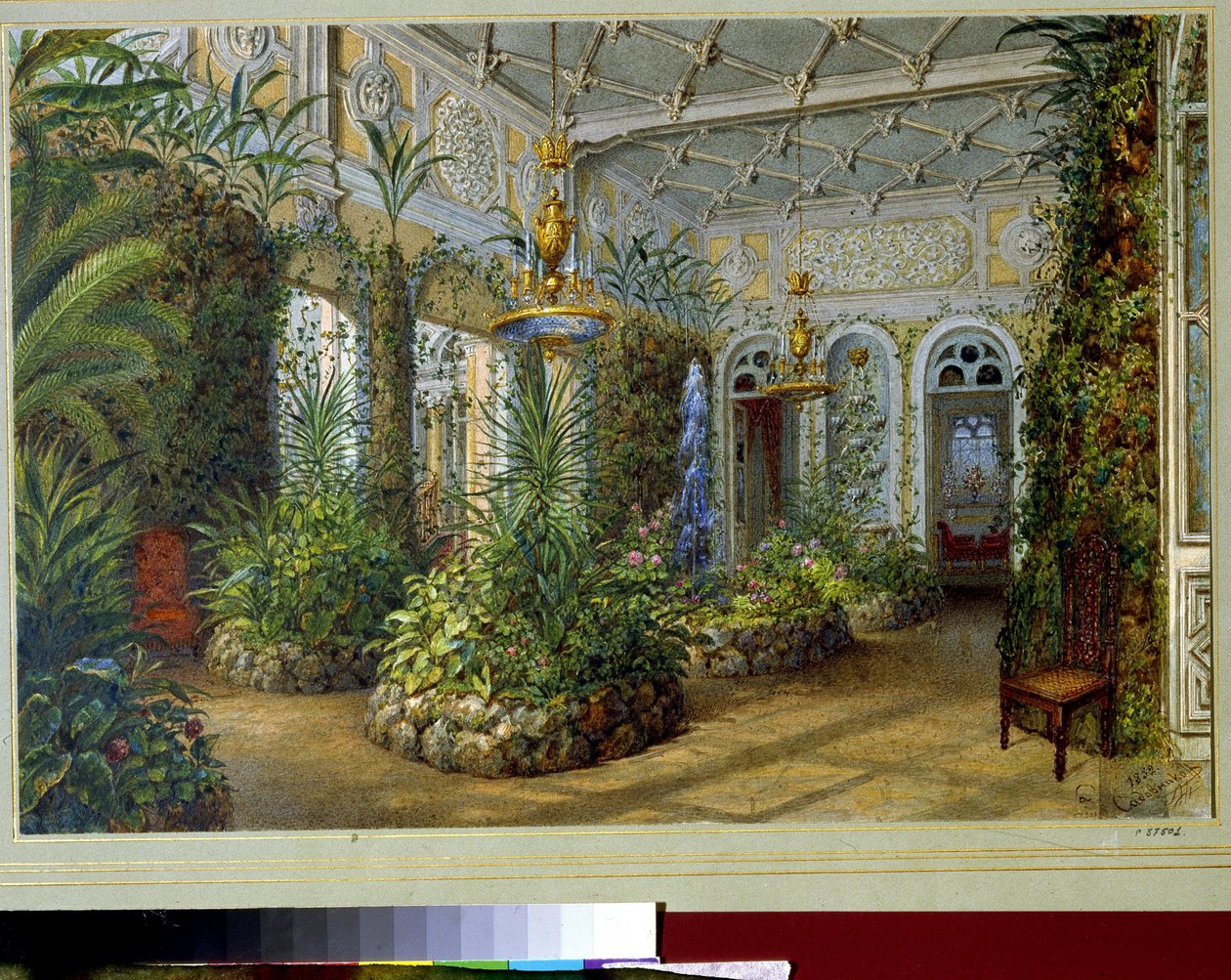 Zimní zahrada Jusupovského paláce (palác Moika) v Petrohradě (Zimní zahrada v Jusupově paláci v Petrohradě). Dílo Vasilije Semjonoviče Sadovnikova (1800-1879), akvarel na papíře od Vasili Semenovich Sadovnikov