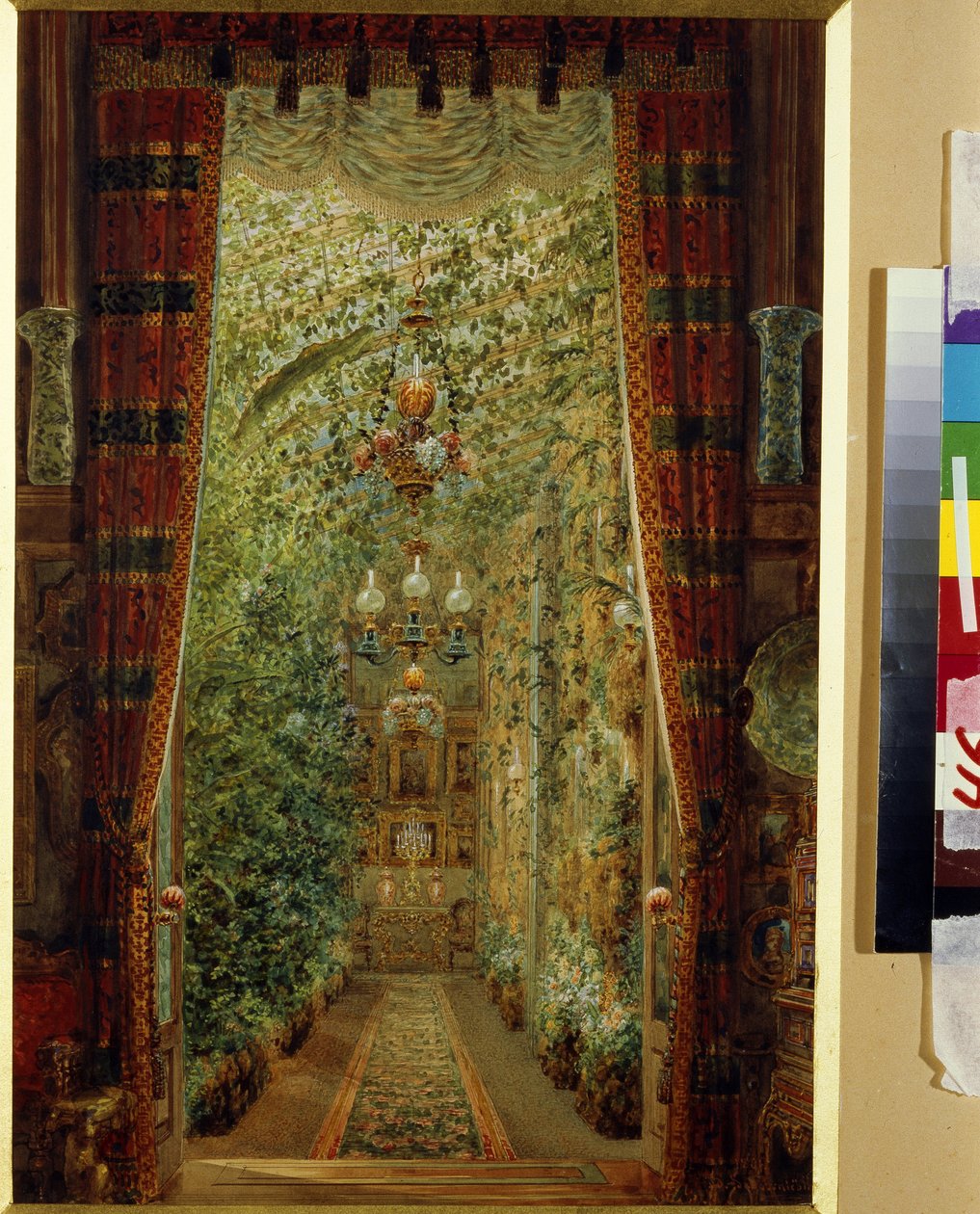 Zimní zahrada paláce Jusupov (palác Moika) v Petrohradě. (Zimní zahrada v Jusupovově paláci v Petrohradě). Dílo Vasilije Semjonoviče Sadovnikova (1800-1879), akvarel na papíře od Vasili Semenovich Sadovnikov