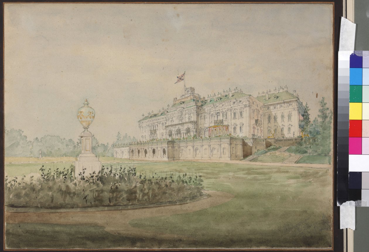Le palais Constantin a Strelna, pres de Saint Petersbourg - Pohled na Konstantinův palác ve Strelně u Petrohradu, Sadovnikov, Vasilij Semjonovič (1800-1879). Akvarel na papíře od Vasili Semenovich Sadovnikov
