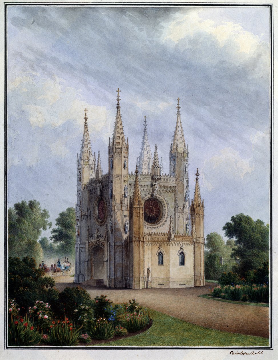 Gotický kostel Peterhof (Rusko). Dílo Vasilije Semjonoviče Sadovnikova (1800-1879), akvarel na papíře, mezi 1830-1840. ruské umění od Vasili Semenovich Sadovnikov