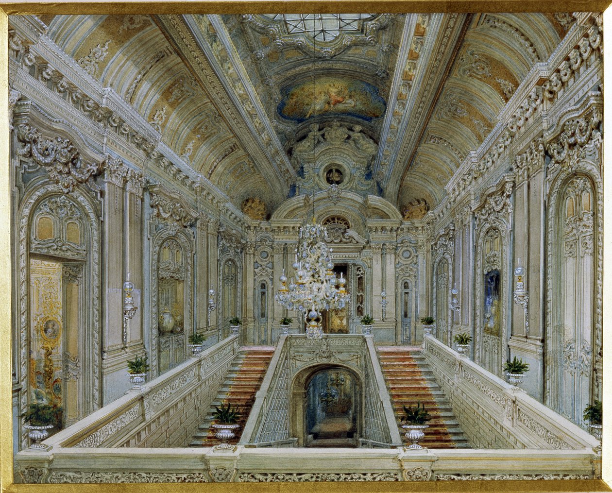 Hlavní schodiště Jusupovského paláce (palác Moika) v Petrohradě. (Hlavní schodiště v Jusupovově paláci v Petrohradě). Dílo Vasilije Semjonoviče Sadovnikova (1800-1879), akvarel na papíře. ruské umění od Vasili Semenovich Sadovnikov