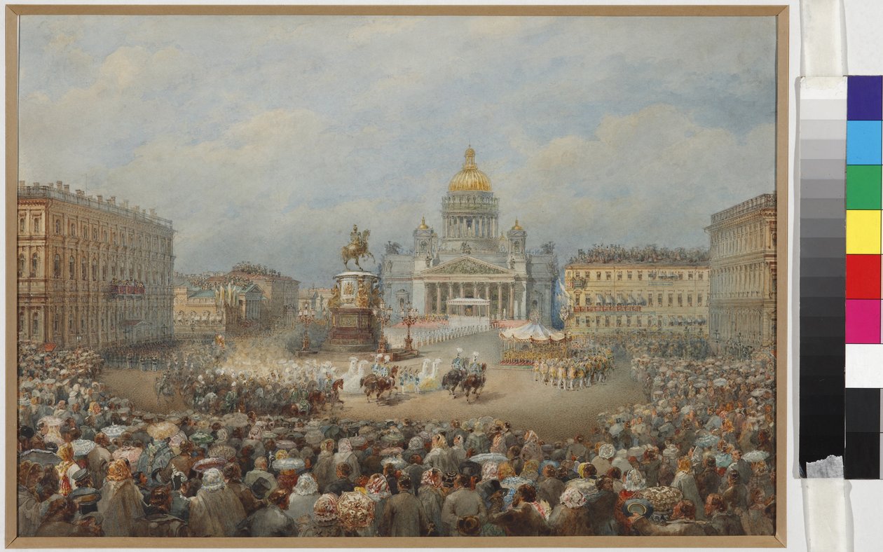 Slavnostní otevření pomníku Mikuláše I. na Mariinském náměstí - Vasilij Semjonovič Sadovnikov (1800-1879). Akvarel a bílá barva na papíře od Vasili Semenovich Sadovnikov