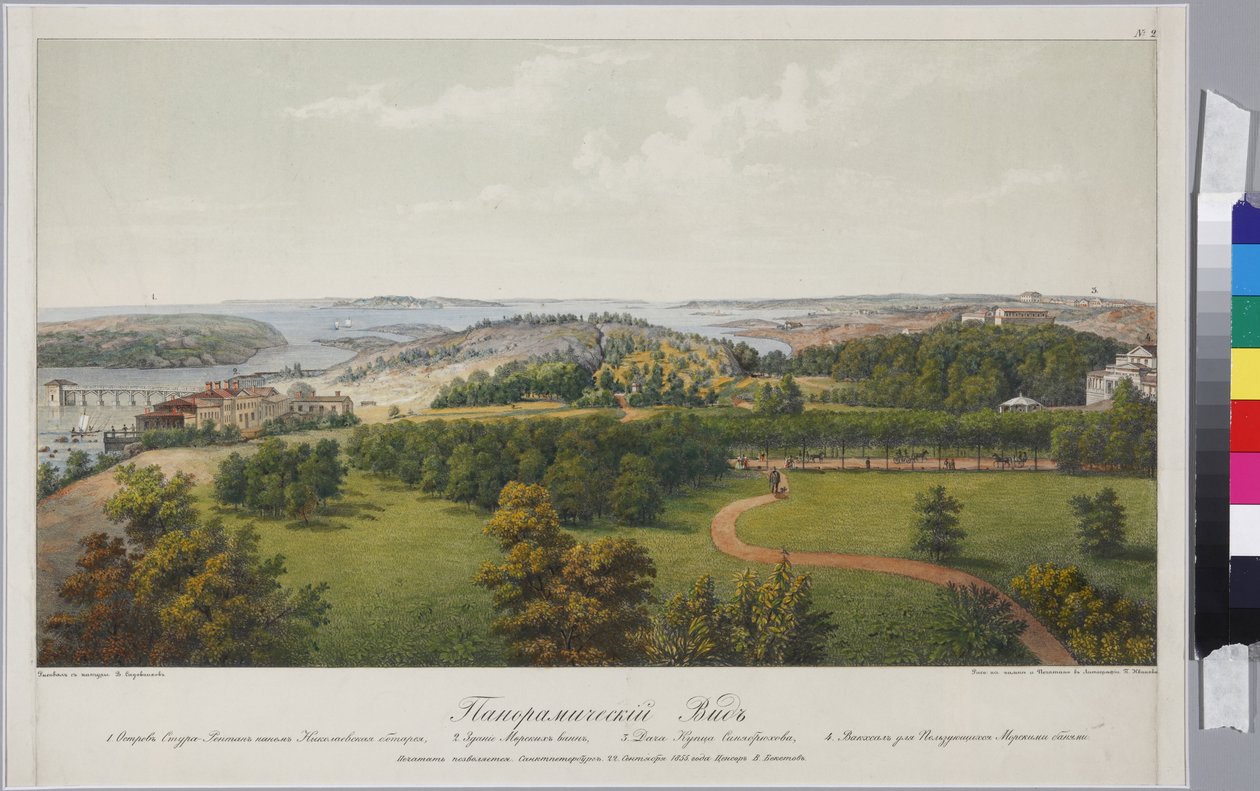 Panoramatický pohled na Sveaborg a Helsingfors (list 2), Sadovnikov, Vasilij Semjonovič (1800-1879). Litografie, akvarel od Vasili Semenovich Sadovnikov