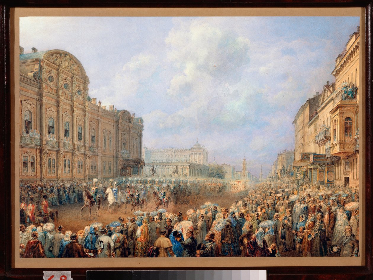 Průvod na Neva Avenue (Něvský prospekt) v Beloselském paláci Belozersky. (Svatý PETERSBURG). Dílo Vasilije Semjonoviče Sadovnikova (1800-1879), akvarel na papíře od Vasili Semenovich Sadovnikov