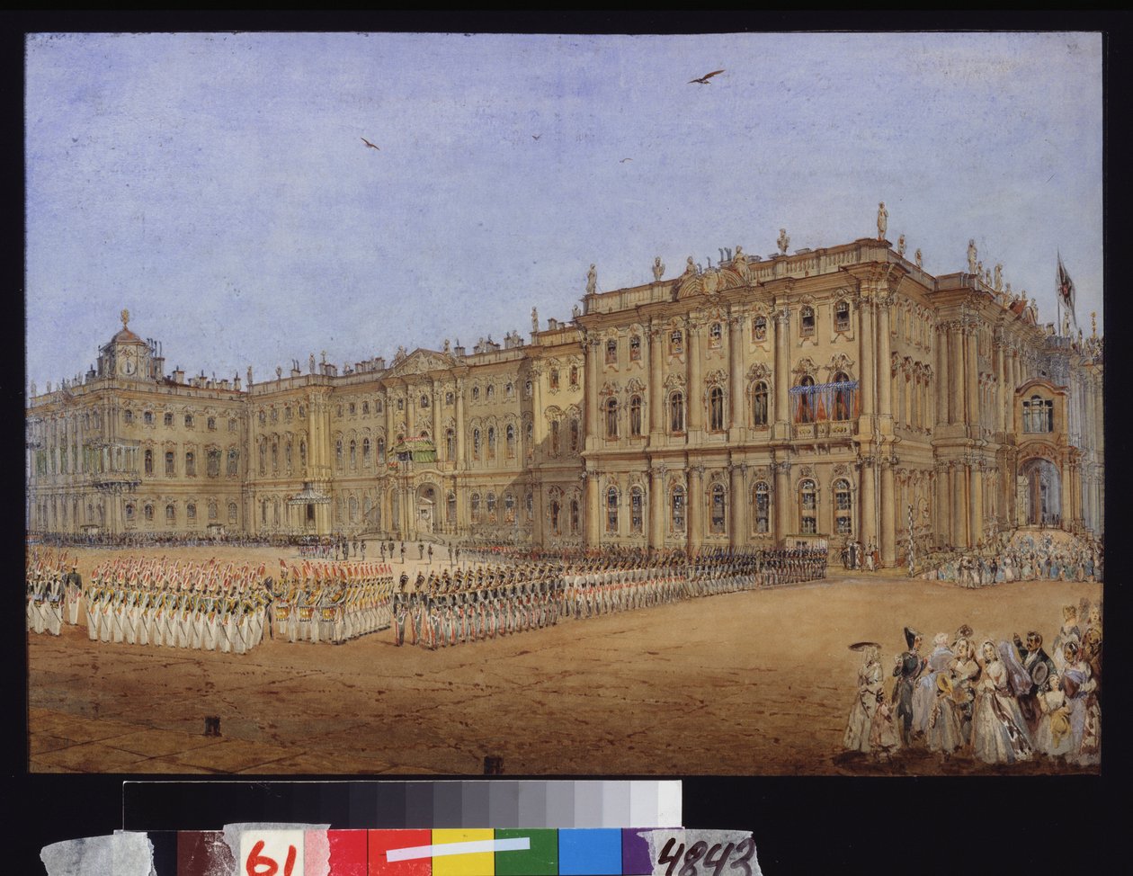 Vojenská revue v Zimním paláci v Petrohradě. Dílo Vasilije Semjonoviče Sadovnikova (1800-1879), akvarel na papíře, cca 1840. Ruské umění od Vasili Semenovich Sadovnikov