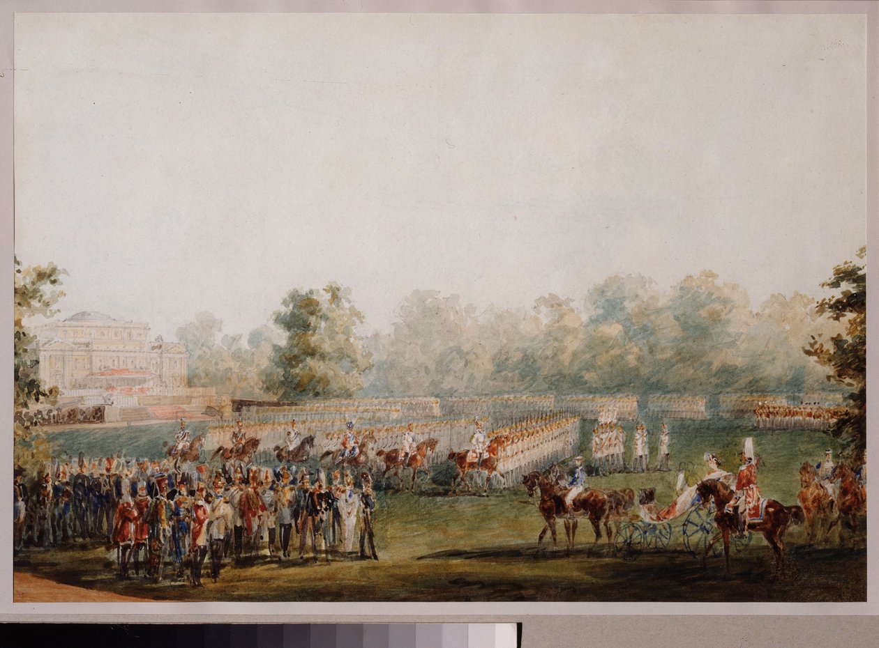 Vojenská přehlídka na louce paláce Elagin v Petrohradu. (Přehlídka císařské gardy). Dílo Vasilije Semjonoviče Sadovnikova (1800-1879), akvarel na papíře od Vasili Semenovich Sadovnikov