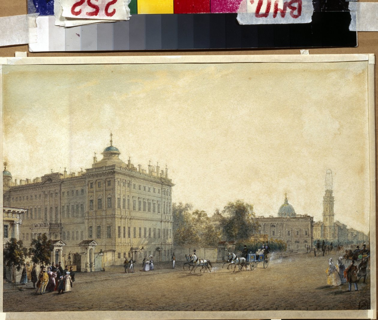 Svatý PETERSBOURG. Aničkovský palác. (Petrohrad. Aničkovův palác). Dílo Vasilije Semjonoviče Sadovnikova (1800-1879), akvarel na papíře, cca 1830. Ruské umění od Vasili Semenovich Sadovnikov