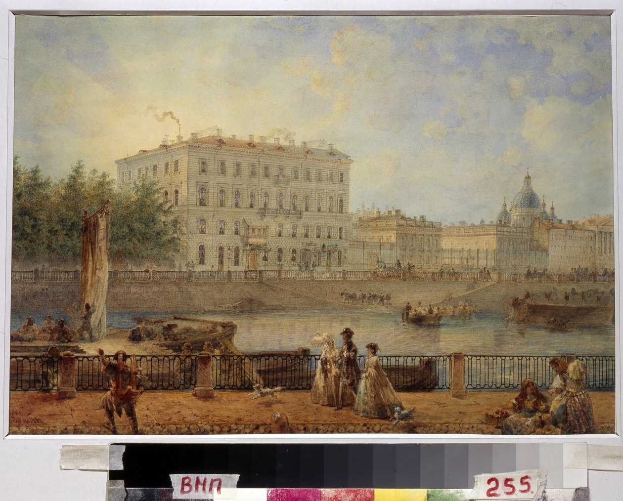 Svatý PETERSBOURG. Pohled na Fontanku a dům Derzhavin. (Saint Petersburg. Pohled na řeku Fontanka a Derzhavinův dům). Dílo Vasilije Semjonoviče Sadovnikova (1800-1879), akvarel na papíře od Vasili Semenovich Sadovnikov