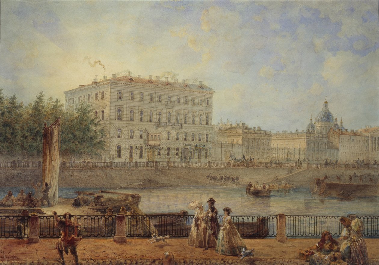 Petrohrad. Pohled na řeku Fontanka a Derzhavin House, 1861 od Vasili Semenovich Sadovnikov