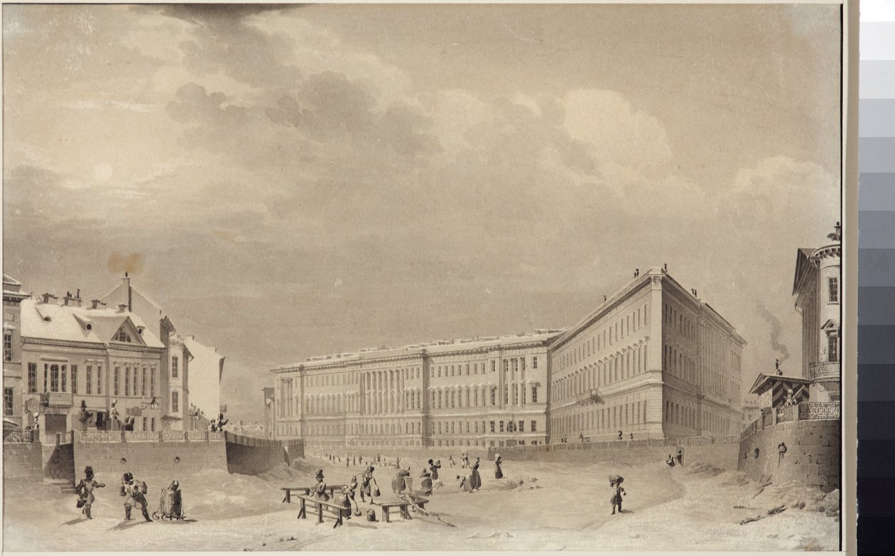 Petrohrad. Budova generálního štábu na nábřeží řeky Moika, Sadovnikov, Vasilij Semjonovič (1800-1879). Akvarel na papíře, před rokem 1833. Státní muzeum historie Petrohradu od Vasili Semenovich Sadovnikov