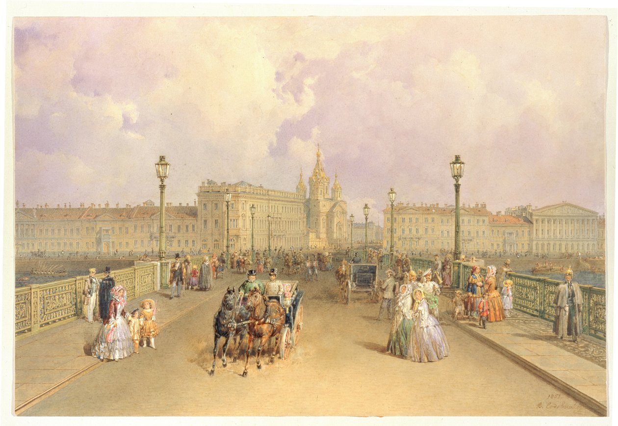 Pohled na Blagoveshchensky most v Petrohradu, 1851 od Vasili Semenovich Sadovnikov