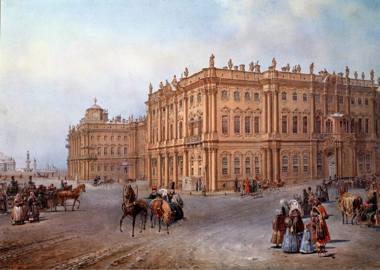 Pohled na Zimní palác v Petrohradě v roce 1843 Litografie od Vasilije Sodovnikofa (nebo Sadovnikova od Vasili Semenovich Sadovnikov