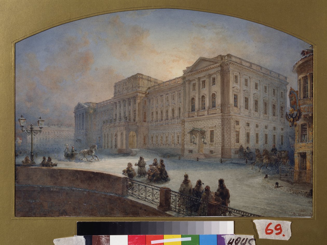 Pohled na palác Marlinsky v zimě (Saint Petersburg). Dílo Vasilije Semjonoviče Sadovnikova (1800-1879), akvarel na papíře od Vasili Semenovich Sadovnikov