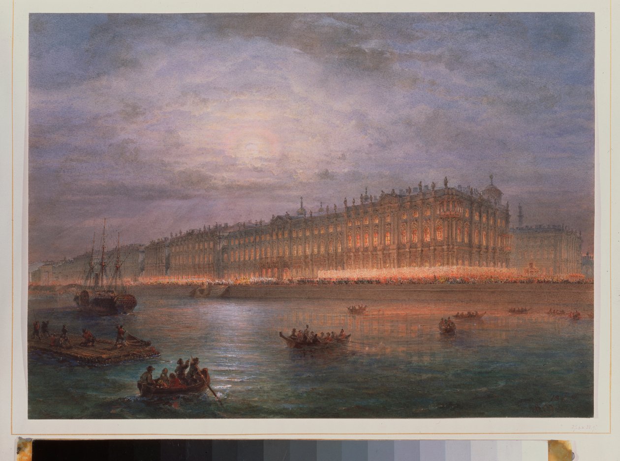 Pohled na Zimní palác v noci (Saint Petersburg). Dílo Vasilije Semjonoviče Sadovnikova (1800-1879), akvarel na papíře. Ruské umění 19. století. Státní Ermitáž, Petrohrad. od Vasili Semenovich Sadovnikov