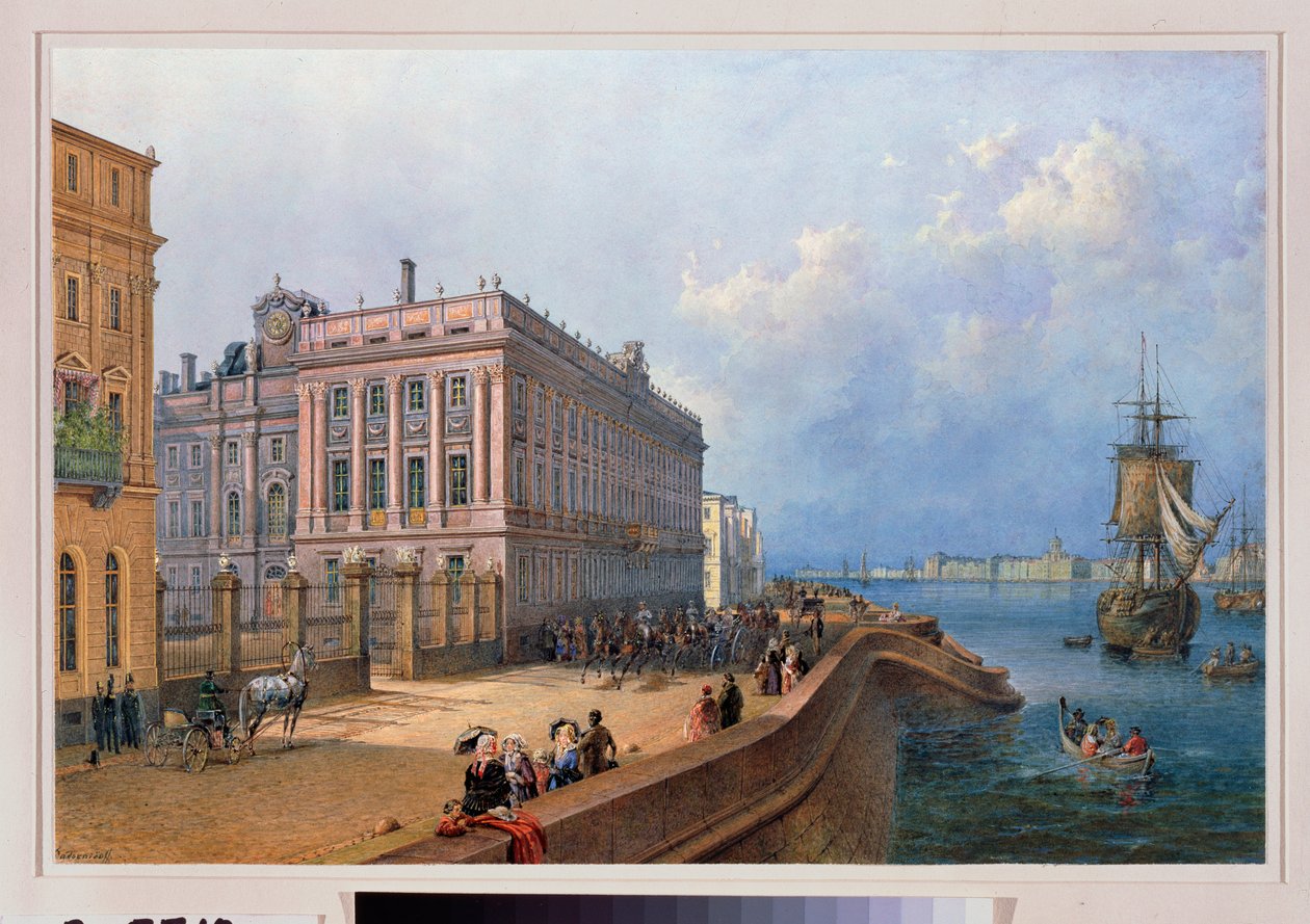 Pohled na nábřeží Něvy a Mramorový palác v Petrohradu. Dílo Vasilije Semjonoviče Sadovnikova (1800-1879), akvarel na papíře od Vasili Semenovich Sadovnikov