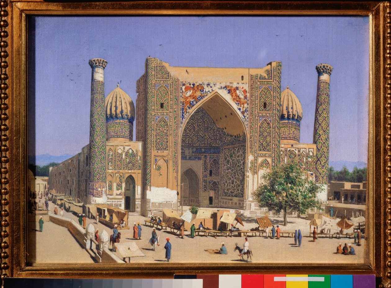 Sherdar Madrasah na náměstí Registan v Samarkandu (The Sherdar Madrasah at the Registan Square v Samarkandu) - obraz Vasilije Vasiljeviče Vereščagina (Vassili Vereščagin) (1842-1904), olej na plátně od Vasili Vasilievich Vereshchagin