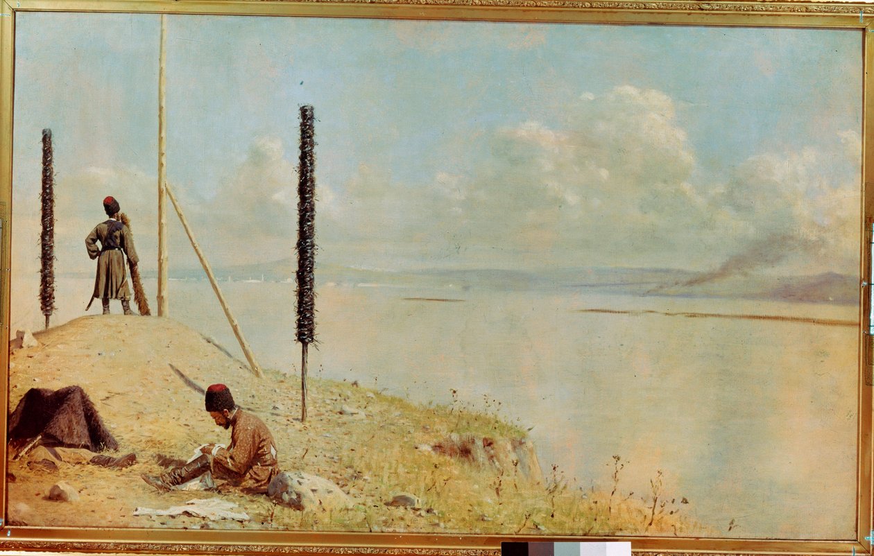 ""Hlídka na Dunaji, Ukrajina"" Kozácká garda v deltě Dunaje - (Picket na Dunaji) Obraz Vasilije Vasiljeviče Vereščagina (Vassili Vereščagin) (1842-1904) Olej na plátně 1878-1879 Rozměr 120x200 cm Muzeum ruštiny Umění, Kyjev od Vasili Vasilievich Vereshchagin