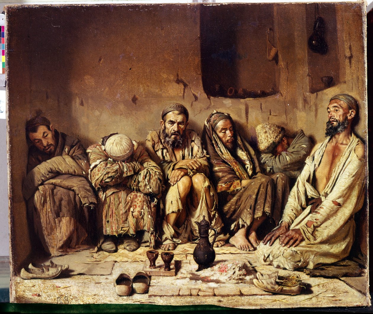 Orientalismus: kuřáci opia sedící na ulici na Blízkém východě (kuřáci opia). Obraz Vasilije Vasiljeviče Vereschagina (Vereščagin, Vereščagin) (1842-1904) od Vasili Vasilievich Vereshchagin