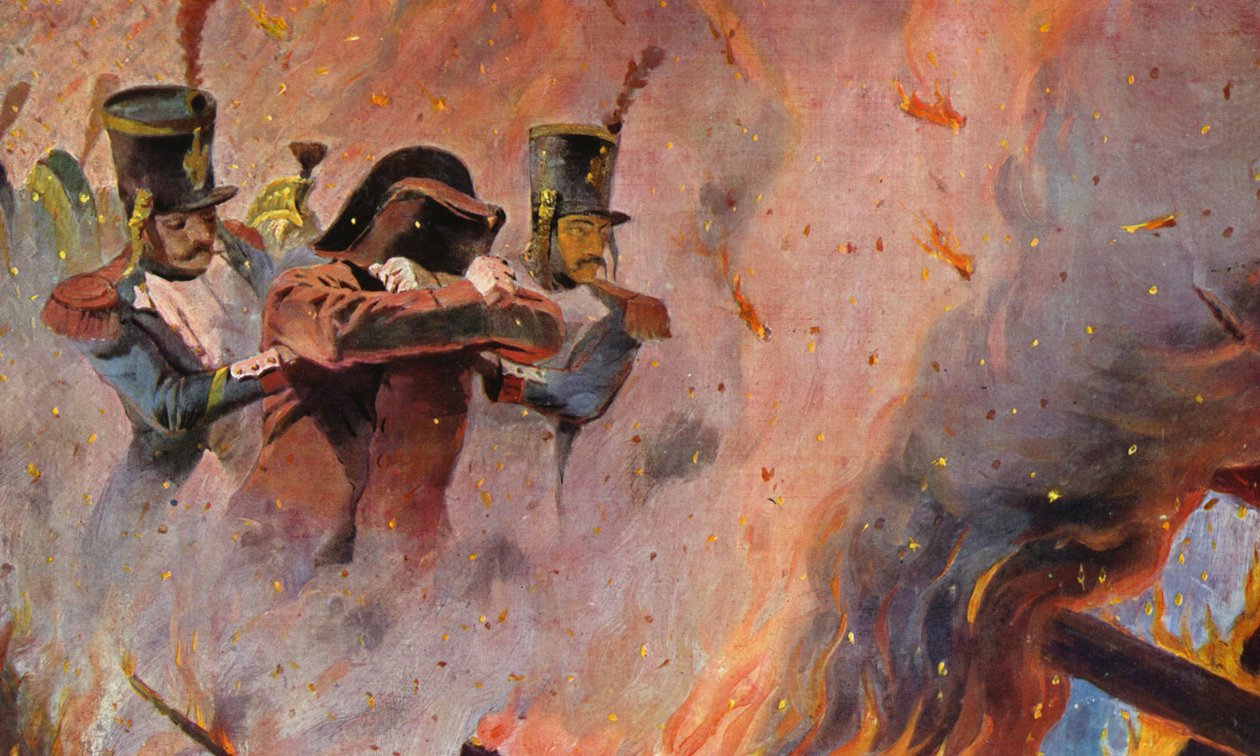 Vojáci provádějí Napoleona Bonaparta ohněm v Moskvě (barevná litografie) od Vasili Vasilievich Vereshchagin