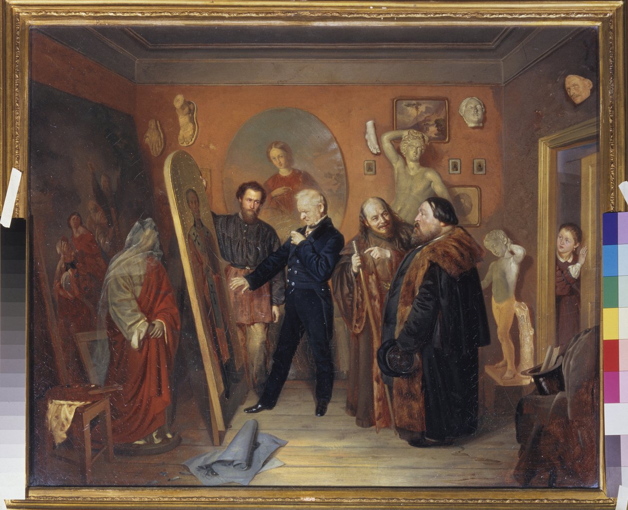 Malířův ateliér. Malíř ukazuje jeden ze svých obrazů obchodníkům s uměním. Dítě pozoruje scénu. Obraz Vasily Vladimirovič Pukirev (Vassily Pukirev) (1832-1890), olej na plátně od Vasili Vladimirovits Pukirev