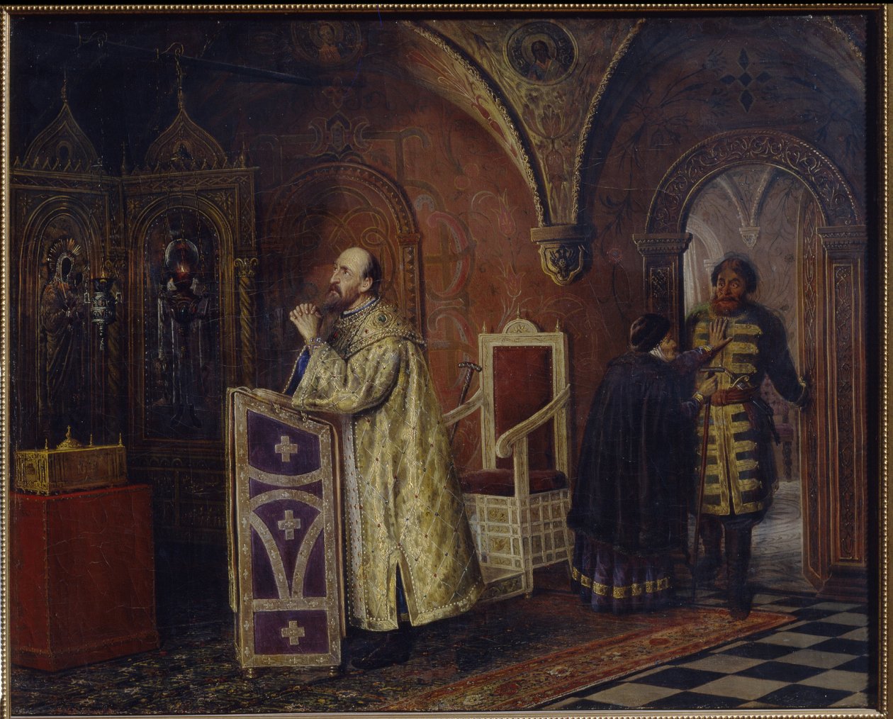 Car Ivan IV Hrozný (1530-1584) se modlí (The Tsar Ivan IV The Terrible se modlí). Obraz Vasilije Vladimiroviče Pukireva (Vassili Poukirev) (1832-1890), olej na plátně od Vasili Vladimirovits Pukirev