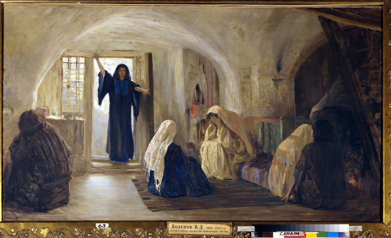 Spouštějící slzy radosti (Zářivá mladá žena vstoupí do domu, kde všichni sedí a brečí) (Uváděna slzavá ​​radost) - Obraz Vasilije Dmitrieviče Polenova (1844-1927), olej na plátně (80x141 cm),1899-1905 - Stát od Vasilij Dmitrievich Polenov