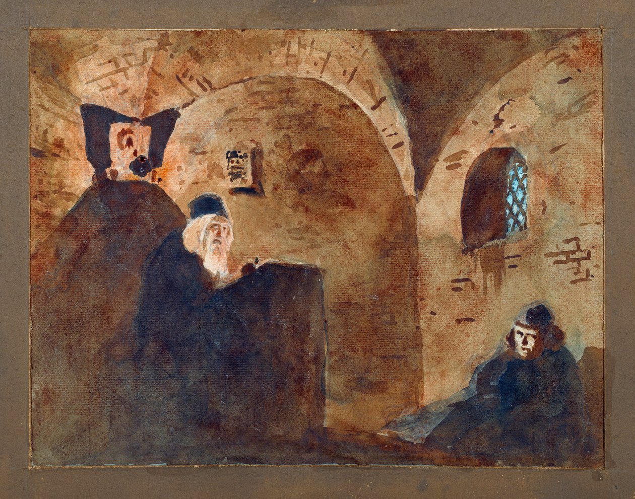 Přípravná výzdoba, klenutá místnost, pro operu "Boris Godounov"" od Modeste Musorgského (Mussorgského) (1839-1881) - Scénický návrh pro operu Boris Godunov od M Musorgského - Dílo Vasilije Dmitrieviče Polenova (1844-1927), akvarel a kvaš na kartonu od Vasilij Dmitrievich Polenov