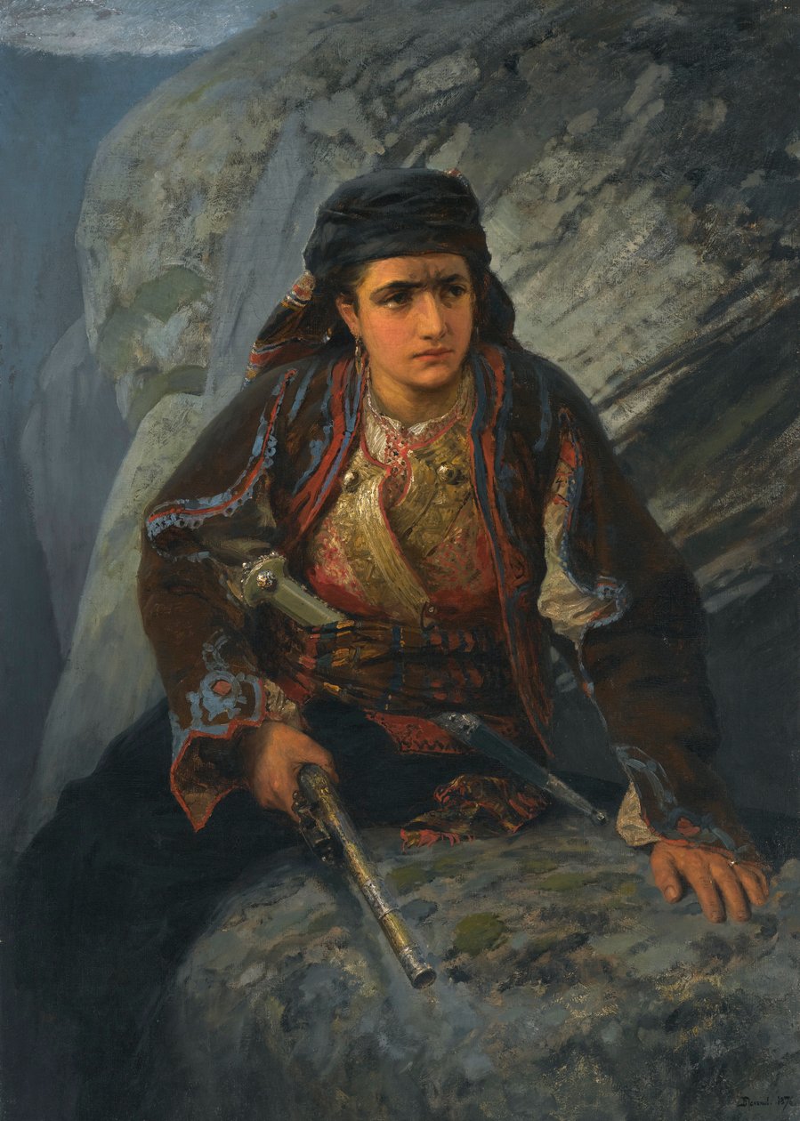 "Le guet" (Vyhlídka) Mladá žena hlídající s pistolí v ruce - Obraz Vassili Polenova (1844-1927) od Vasilij Dmitrievich Polenov