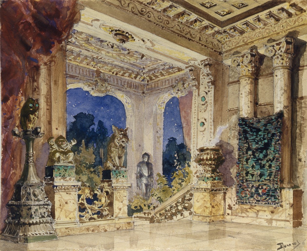 Scénický návrh k opeře Šarlatová růže N. Krotkova, 1884 od Vasilij Dmitrievich Polenov
