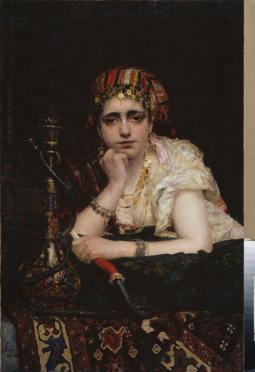 Odaliska. (Portrét harémové ženy s melancholickým pohledem, držící vodní dýmku). Obraz Vasilije Dmitrieviče Polenova (1844-1927), olej na plátně. Ruské umění 19. století, orientalismus. Národní muzeum umění Běloruské republiky, Minsk (Bieloru od Vasilij Dmitrievich Polenov