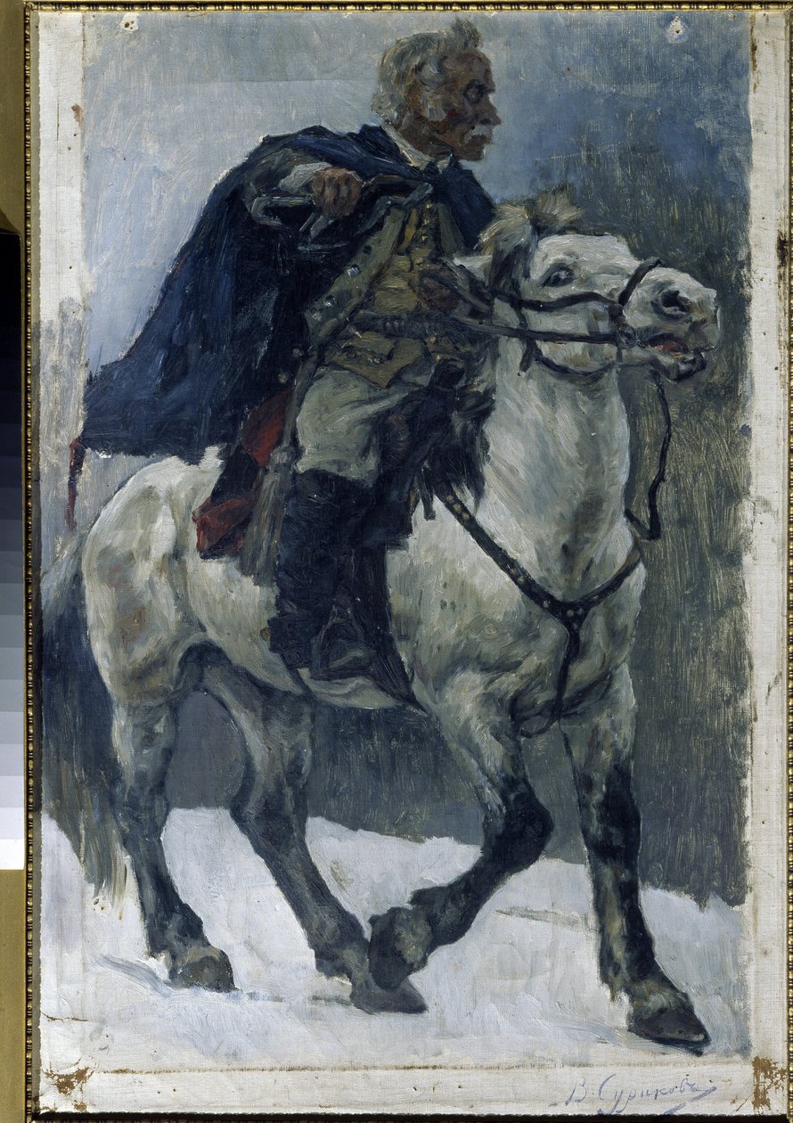 Alexander Suvorov (1729-1800) na koni. (Alexander Suvorov na koni). Ruský hrdina je popsán, když v čele ruských jednotek překračuje Alpy během italského tažení (1799-1800). Obraz Vasilli Ivanovič Surikov (Vasily Surik od Vasilij Ivanovic Surikov