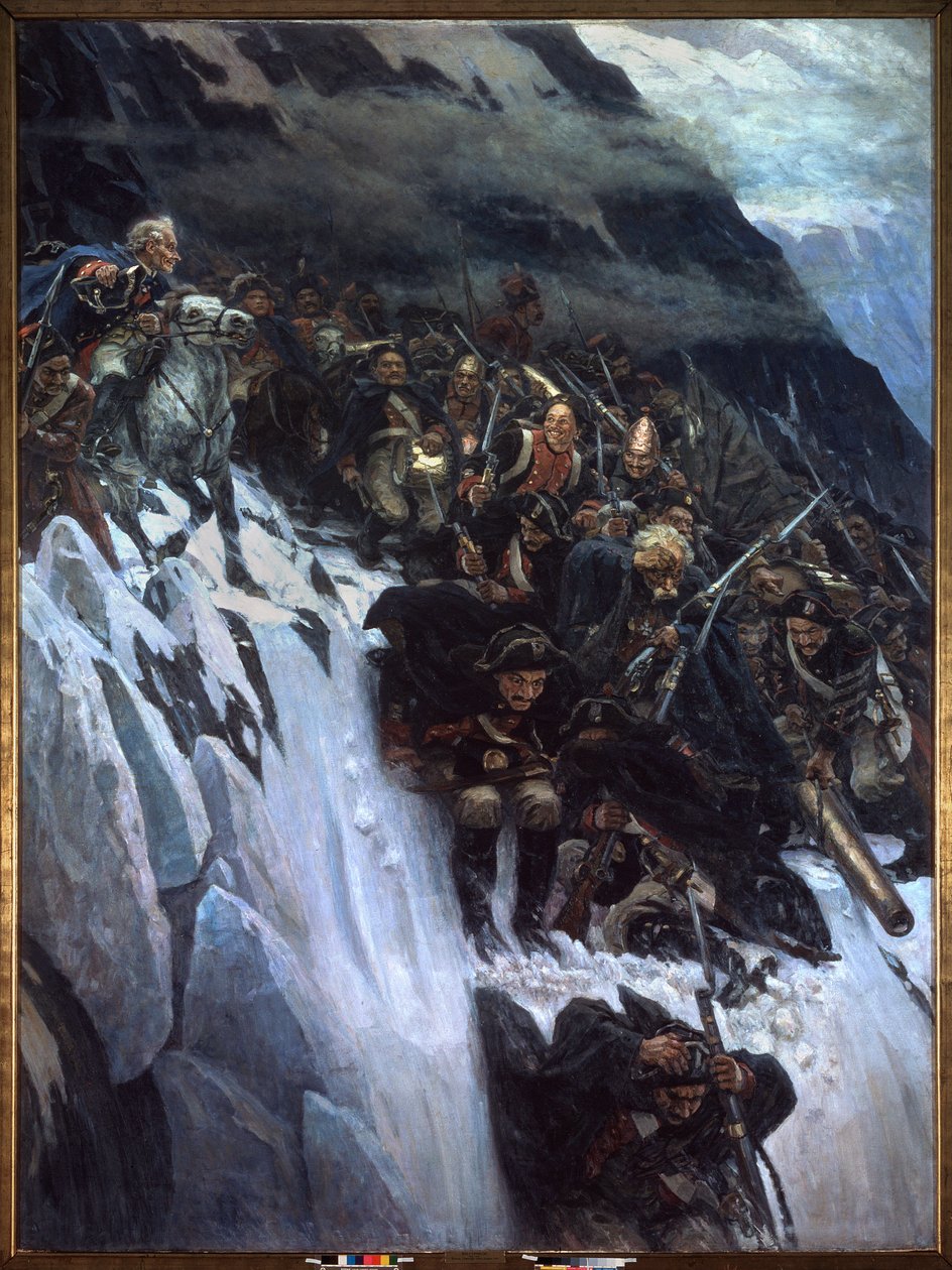 Italské tažení (1799-1800): pochod Alexandra Suvorova (Suwarow nebo Souwarow Rimniski nebo Rimnitskoi) (1729-1800) a ruských vojsk přes Alpy v roce 1799 - pochod Suvorova přes Alpy v roce 1799 - obraz Vasilije Ivanoviče Surikova od Vasilij Ivanovic Surikov