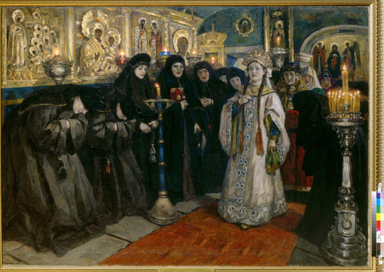 Velkovévodkyně na návštěvě kláštera. (Carevna navštívila ženský klášter). Obraz Vasilli Ivanovič Sourikov (Vasily Surikov nebo Vasilij Surikow) (1848-1916), olej na plátně od Vasilij Ivanovic Surikov