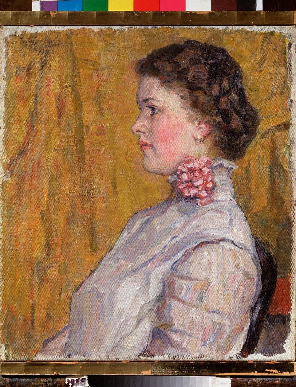 Portrét ženy na žlutém pozadí (Ženský portrét na žlutém pozadí) - Malba Vasilli Ivanoviče Surikova (Vasily Surikov nebo Vassili Surikow) (1848-1916), olej na plátně od Vasilij Ivanovic Surikov