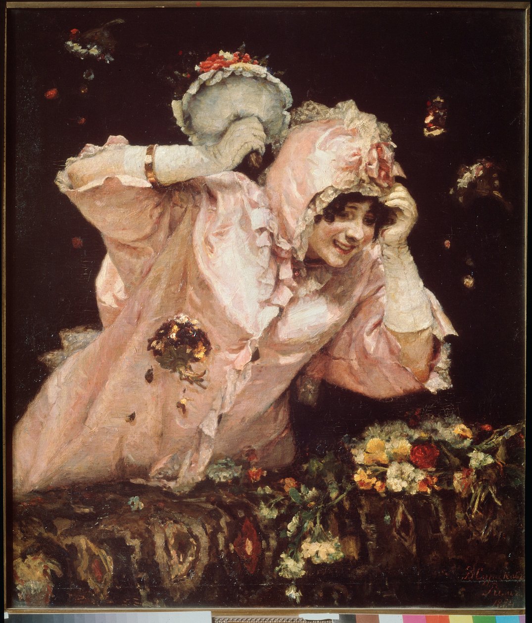 Karnevalová scéna v Římě (Itálie) (Mladá žena opírající se o balkón, přijímá a hází kytice květin) - Karnevalová scéna v Římě - Obraz Vasilliho Ivanoviče Surikova (Vasilij Surikov nebo Vasilij Surikow) (1848-1916), olej na webu od Vasilij Ivanovic Surikov