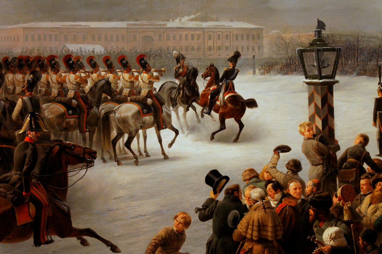 Útok na náměstí dekabristů plukem namontovaných stráží 14. prosince 1825 od Georg Wilhelm Timm