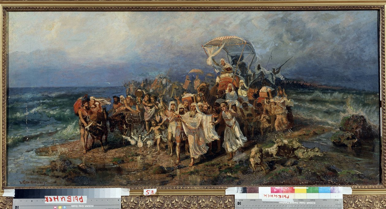 Izraelité překračující Rudé moře. Epizoda exodu židovského národa, prchajícího z otroctví a armád egyptského faraona, do země Izrael. Obraz Vasilije (Vasili, Vasilij, Wilhelm) Alexandrovič Kotar od Vasily Alexandrovich Kotarbinsky