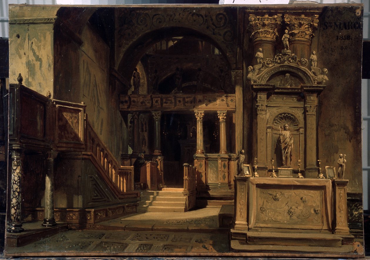 Interiér baziliky svatého Marka (Basilica di San Marco) v Benátkách. Obraz Vasilije Grigorieviče Chuďakova (1826-1871). Olej na plátně, 29,5 x 41 cm od Vasily Grigorievich Khudyakov