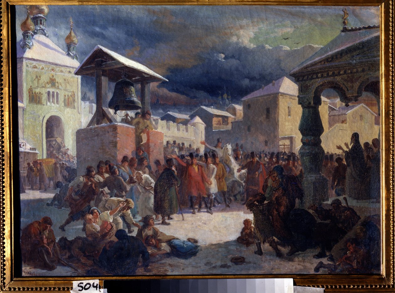 Veche (středověké lidové shromáždění slovanských zemí) v Novgorodské republice (Věče v Novgorodské republice). Obraz Vasilije Grigorieviče Chuďakova (1826-1871). Olej na plátně od Vasily Grigorievich Khudyakov