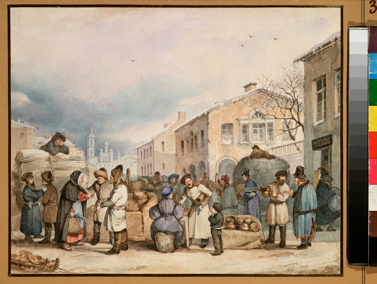 Hay Market Place v Petrohradě - dílo Vasilije Ivanoviče Shternberga (1818-1845), akvarel na papíře od Vasily Ivanovich Sternberg