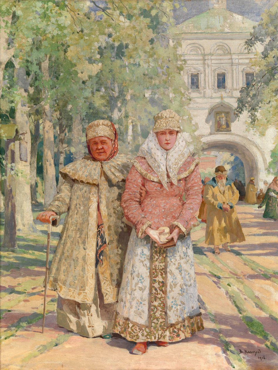Před klášterní bránou - obraz Vasilije Ivanoviče Navozova (1862-1919), olej na plátně (49x41,5 cm) od Vasily Ivanovich Navozov
