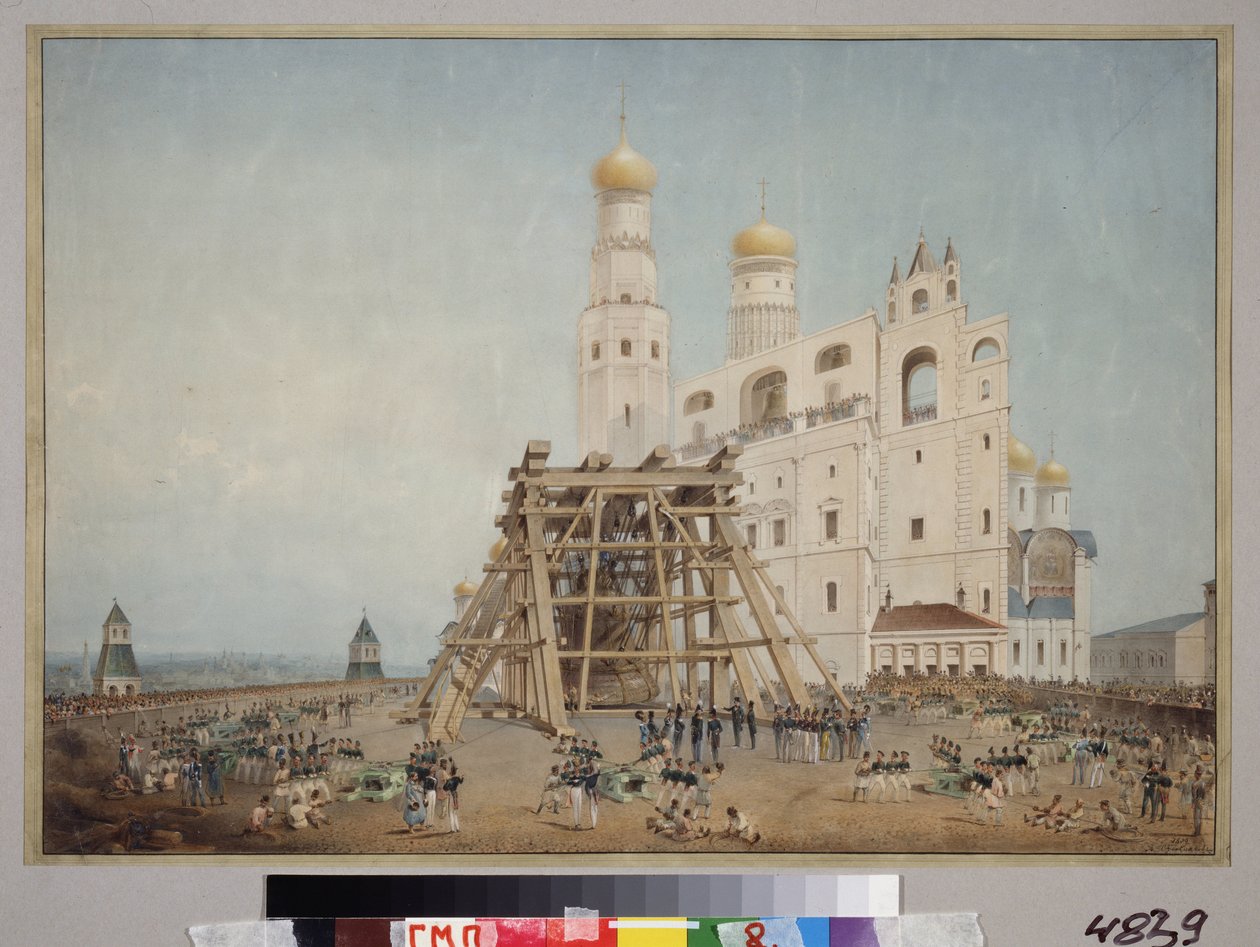 Instalace carského zvonu v moskevském Kremlu v roce 1836. Dílo Vasilije Semjonoviče Sadonikova (1800-1879), akvarel na papíře od Vasily Semyonovich Sadonikov