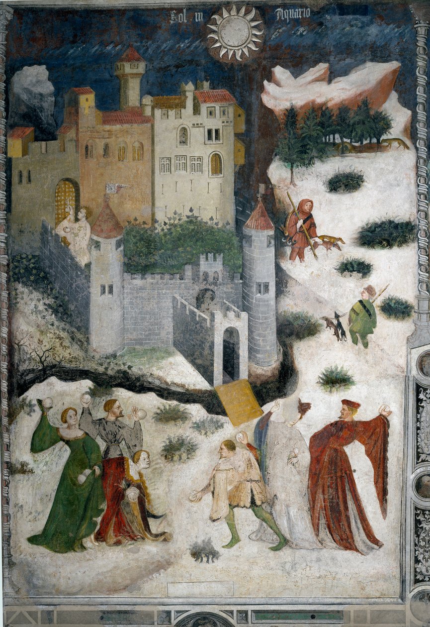 Měsíc leden: zasněžená krajina s aristokraty a lovci. Aristokraté hrají sněhové koule, zatímco lovci chodí na lov se svými psy. V dolní části je zámek Castello di Stenico a muž s klíčem je připraven otevřít dveře pevnosti. Malování od Mas od Venceslao Maestro