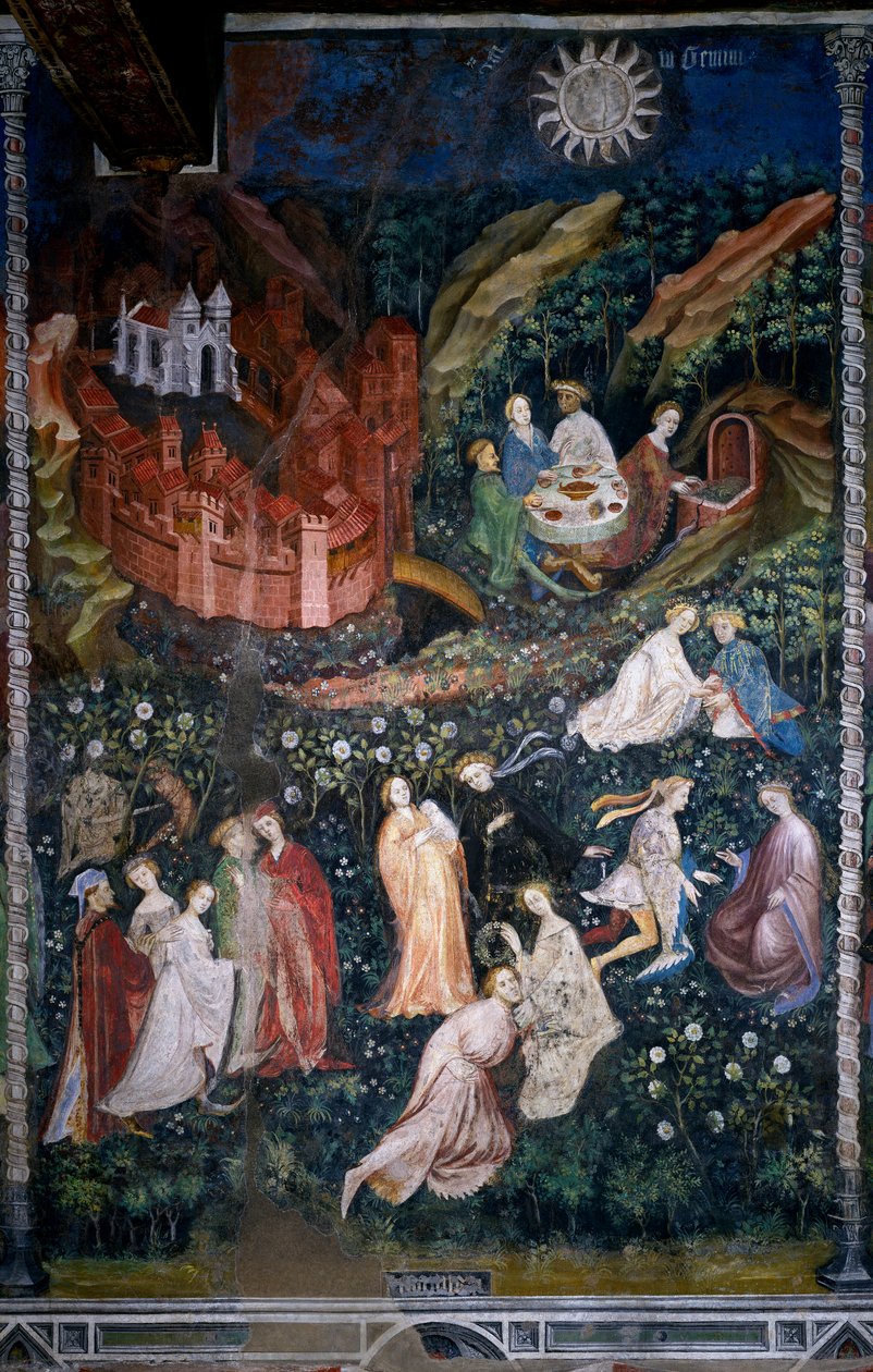 Měsíc květen: páry mladých aristokratů a paní v růžové zahradě (růžová zahrada). Scéna lásky a míru mezi růžemi. Ve spodní části stolu lidé jedí svá jídla a pijí pramenitou vodu z fontány. Vpravo je znázorněno opevněné město od Venceslao Maestro