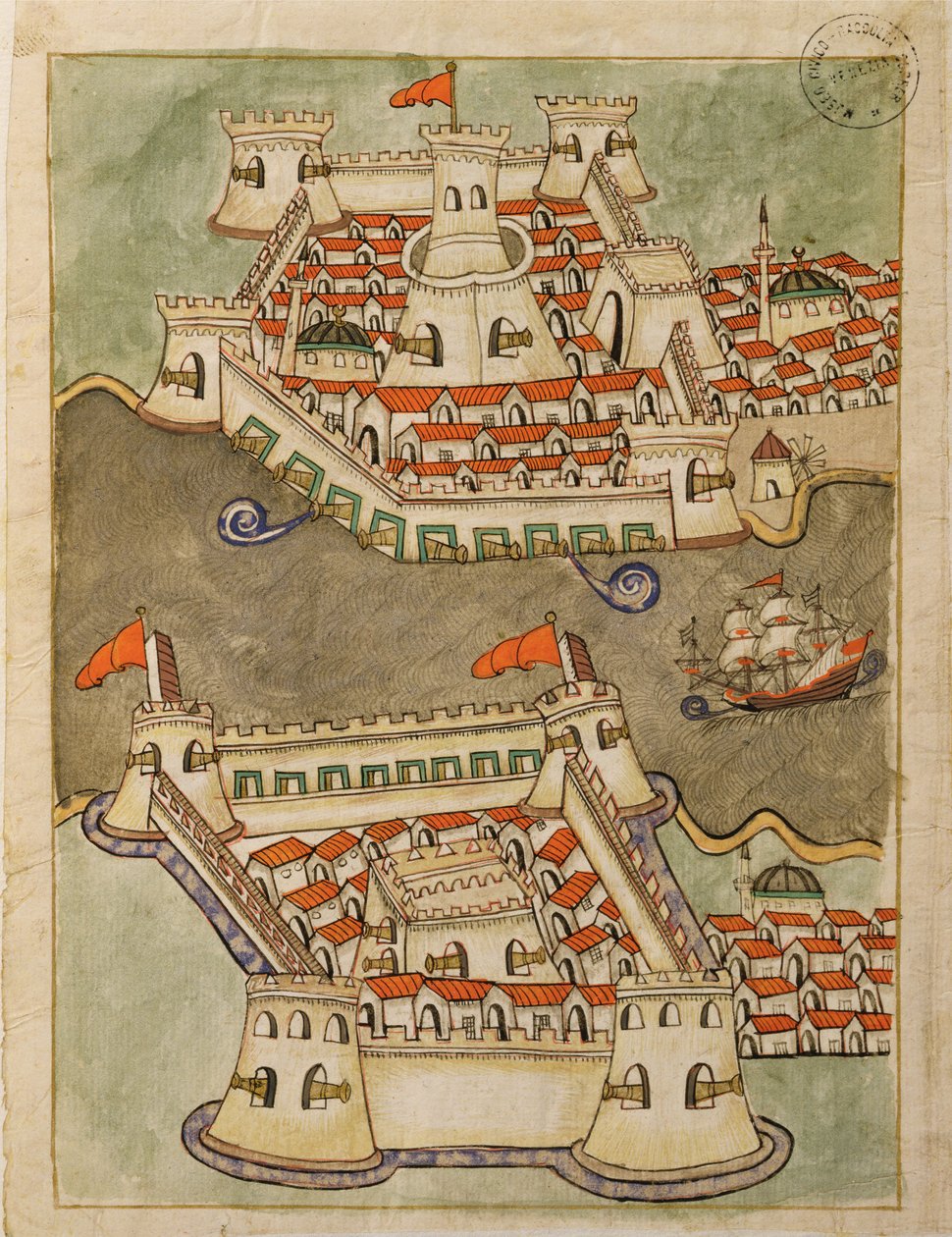 Paní cicogna 1971, miniatura z „Memory Turchese“ zobrazující pevnosti na Bosporu od Venetian School